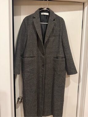 Zara Gray Long Wool-Blend Trench Coat